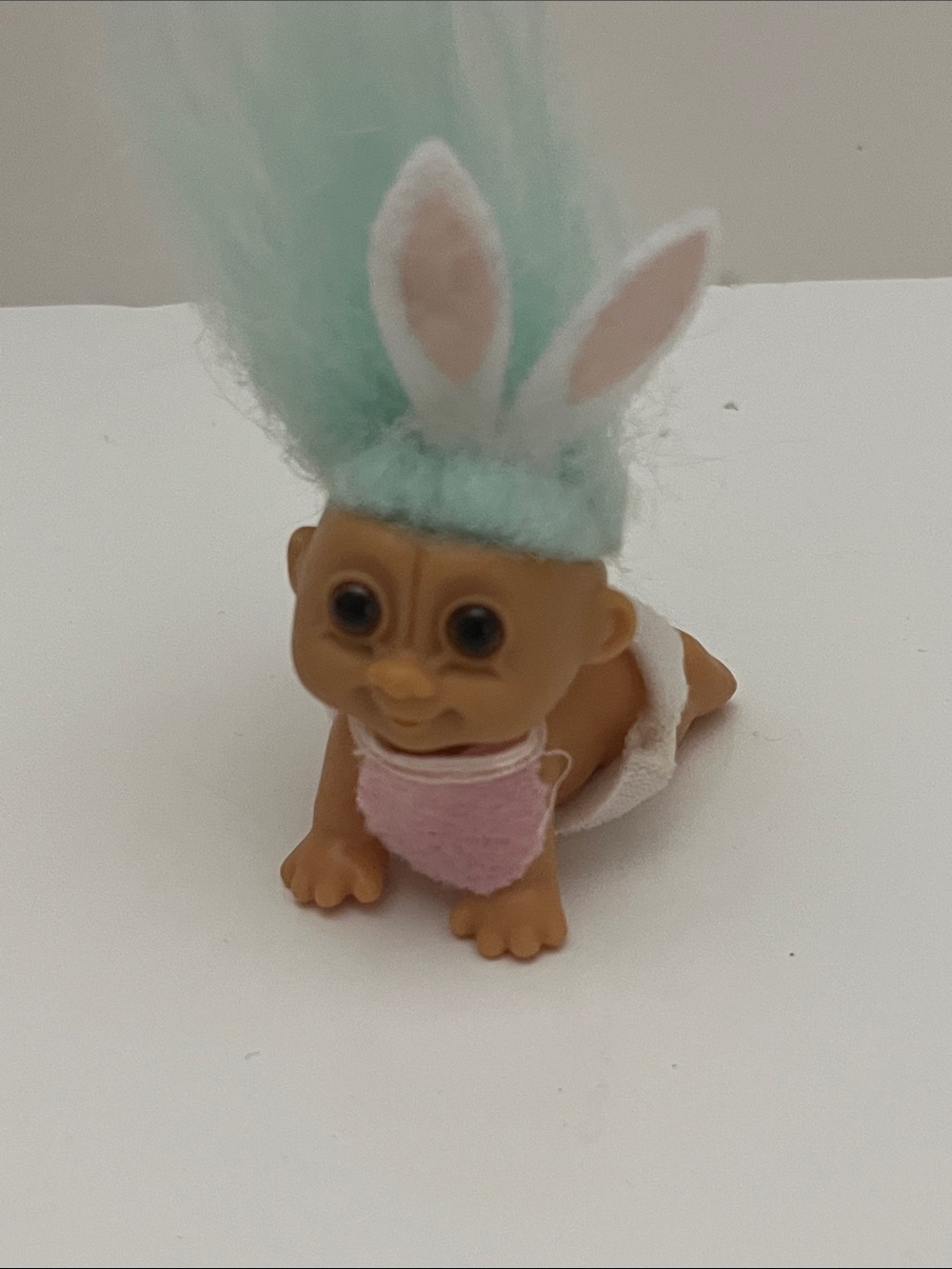 Vintage Russ Trolls Doll Crawling Baby Troll Easter Baby blue Hair Bib & Diaper